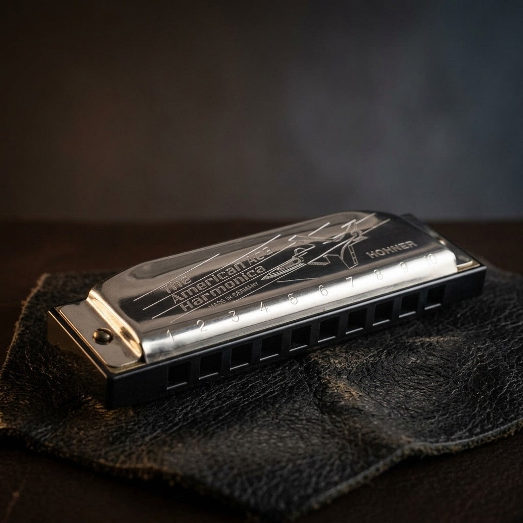 Vintage Hohner American Ace Harmonica — Key of C with Airplane Engraved Cover — detail view