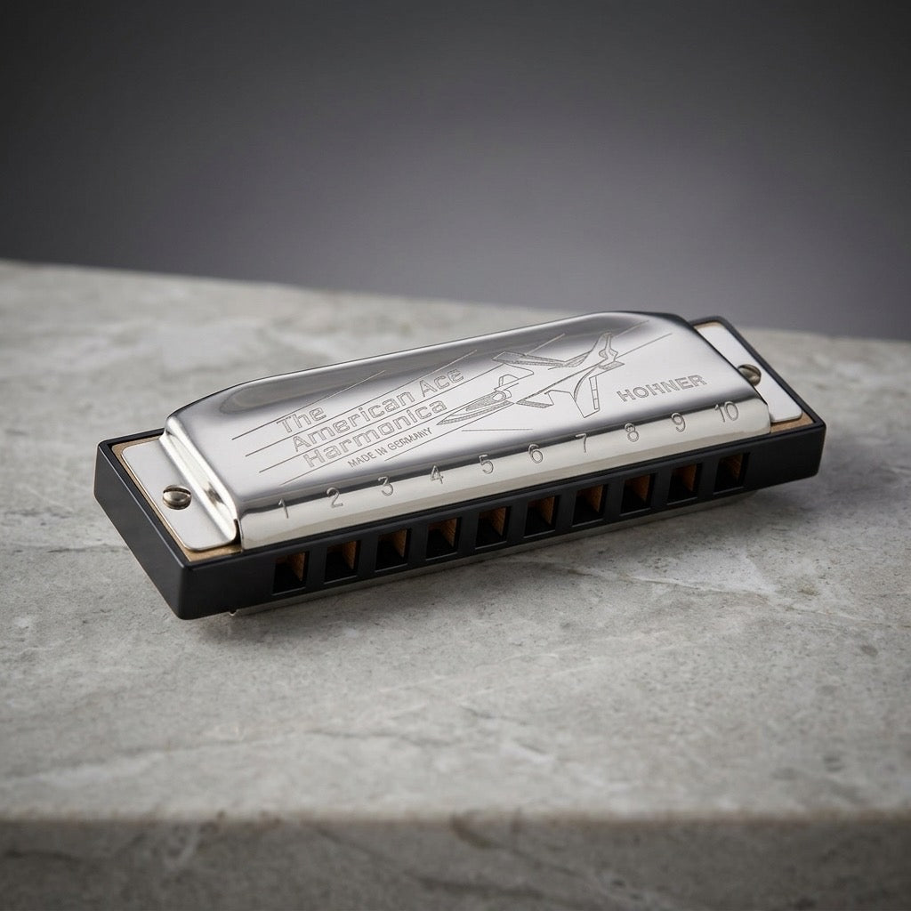 Vintage Hohner American Ace Harmonica — Key of C with Airplane Engraved Cover — detail view