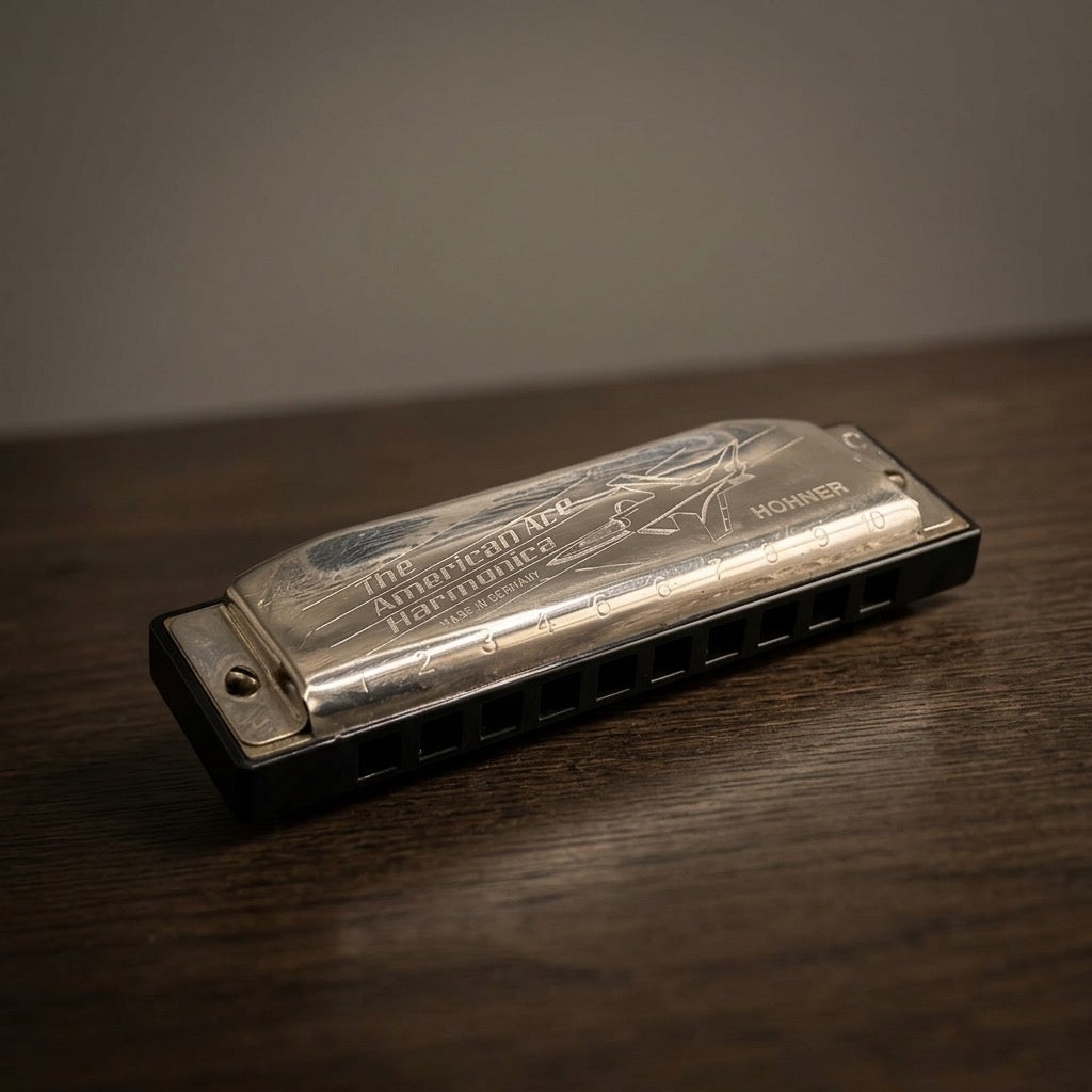 Vintage Hohner American Ace Harmonica — Key of C with Airplane Engraved Cover — main view