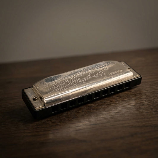Vintage Hohner American Ace Harmonica — Key of C with Airplane Engraved Cover — main view