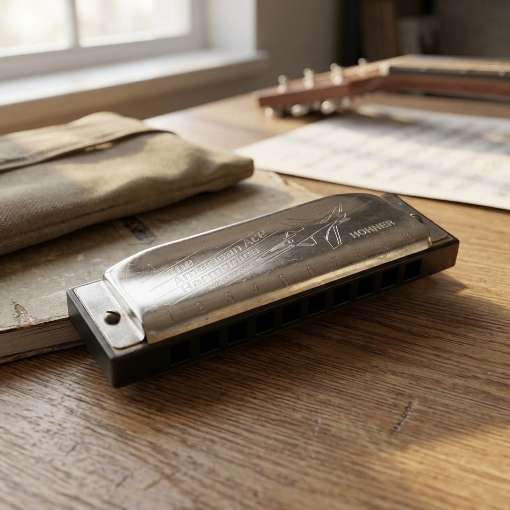 Vintage Hohner American Ace Harmonica — Key of C with Airplane Engraved Cover — detail view