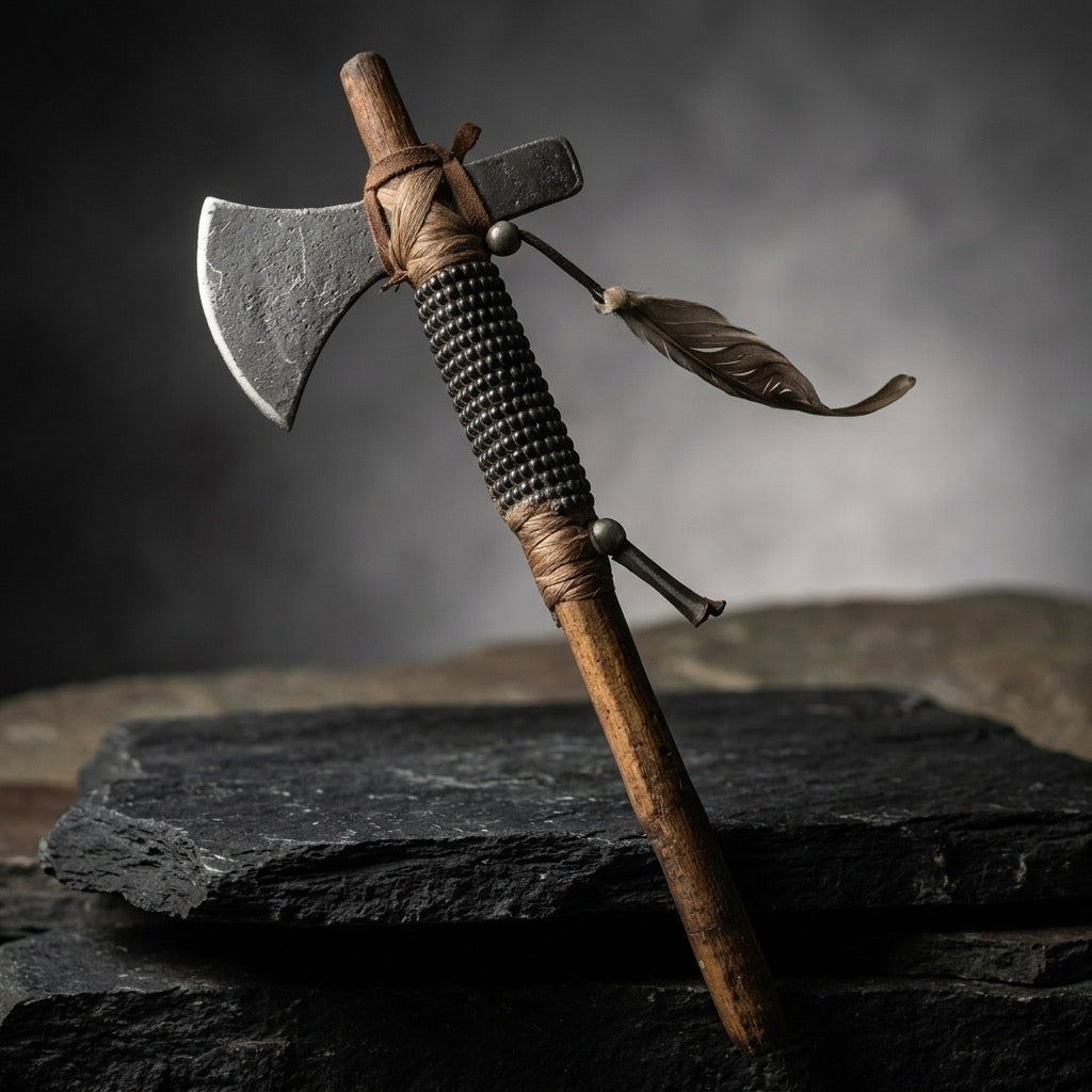 Mini Decorative Tomahawk Axe — Carved Handle Ornamental Display — detail view