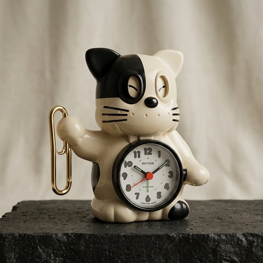 Vintage 1980s Rhythm “Rise & Shine” Black & White Cat Bugle Alarm Clock — Made in Japan — main view