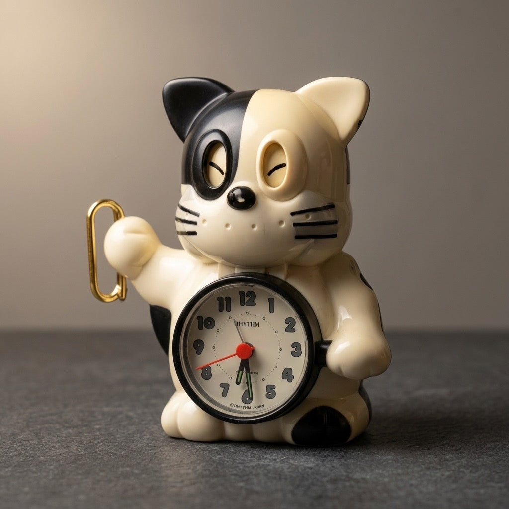 Vintage 1980s Rhythm “Rise & Shine” Black & White Cat Bugle Alarm Clock — Made in Japan — detail view