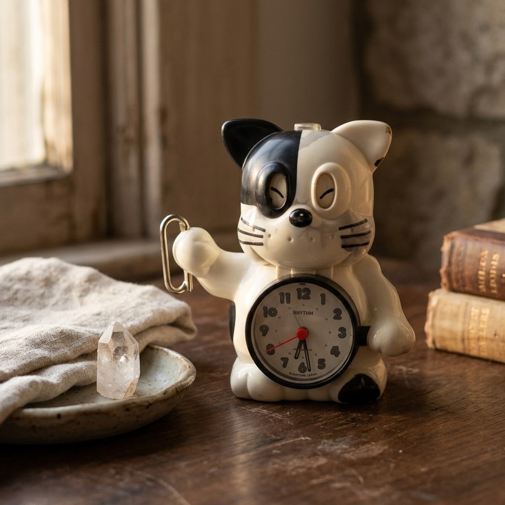 Vintage 1980s Rhythm “Rise & Shine” Black & White Cat Bugle Alarm Clock — Made in Japan — detail view