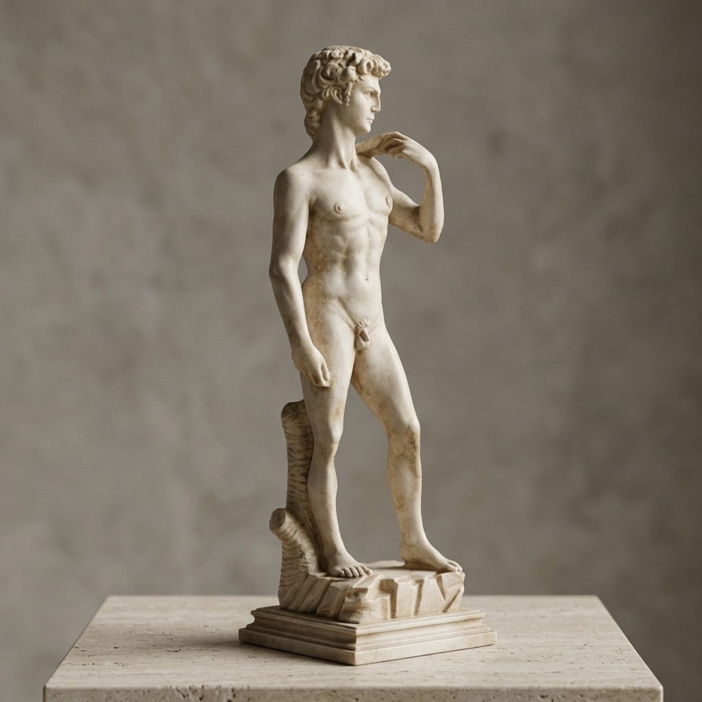 Michelangelo’s David Statue Replica — Classical Sculpture Figurine with Marble Base — detail view