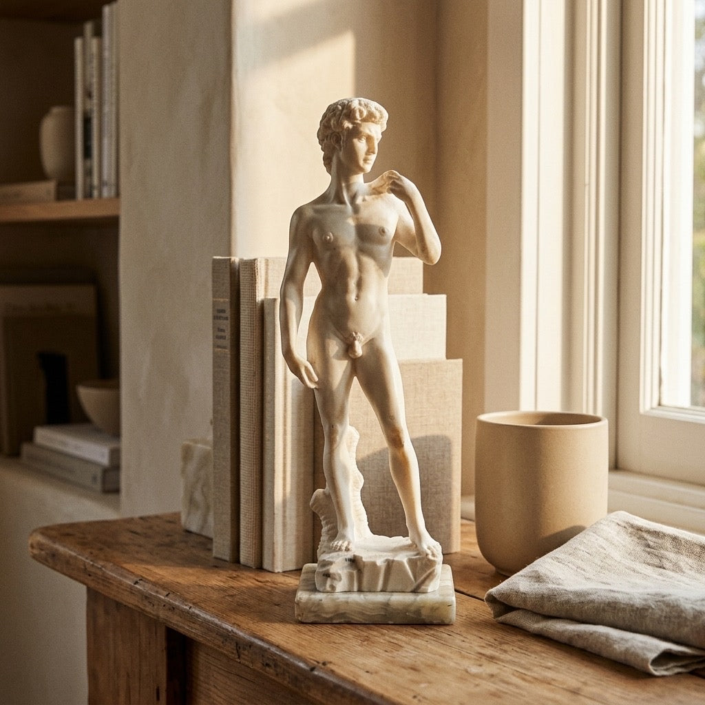 Michelangelo’s David Statue Replica — Classical Sculpture Figurine with Marble Base — detail view