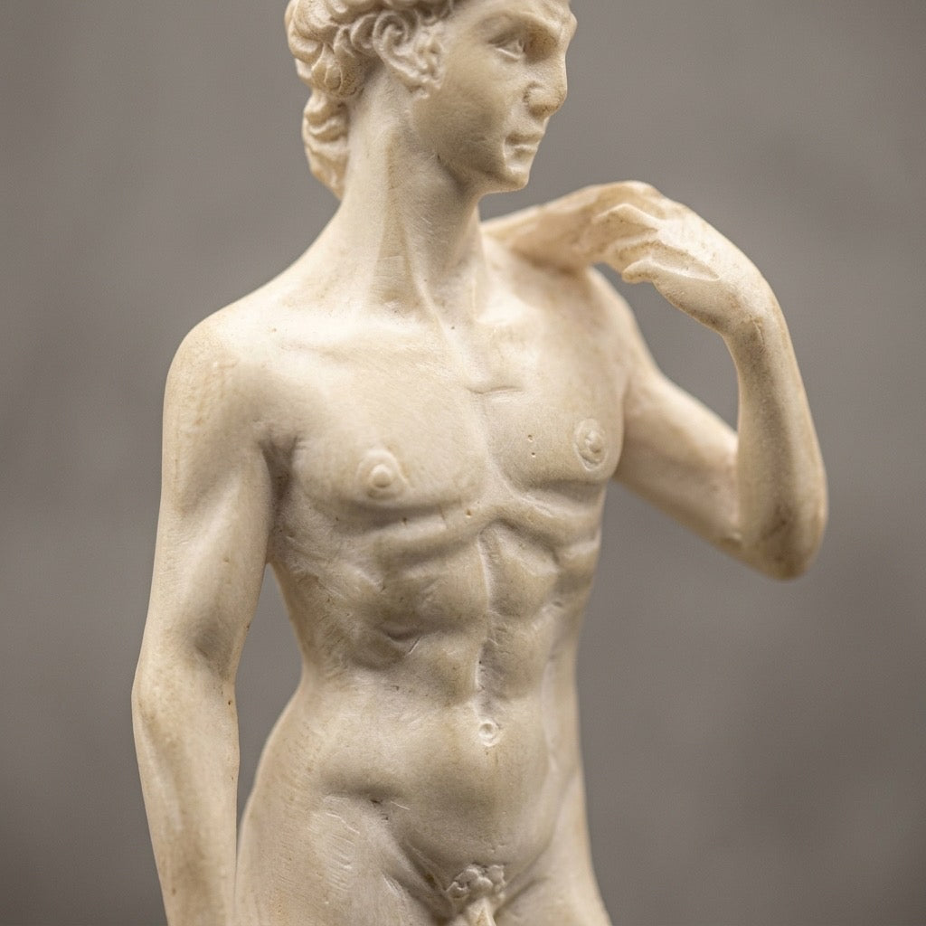 Michelangelo’s David Statue Replica — Classical Sculpture Figurine with Marble Base — detail view