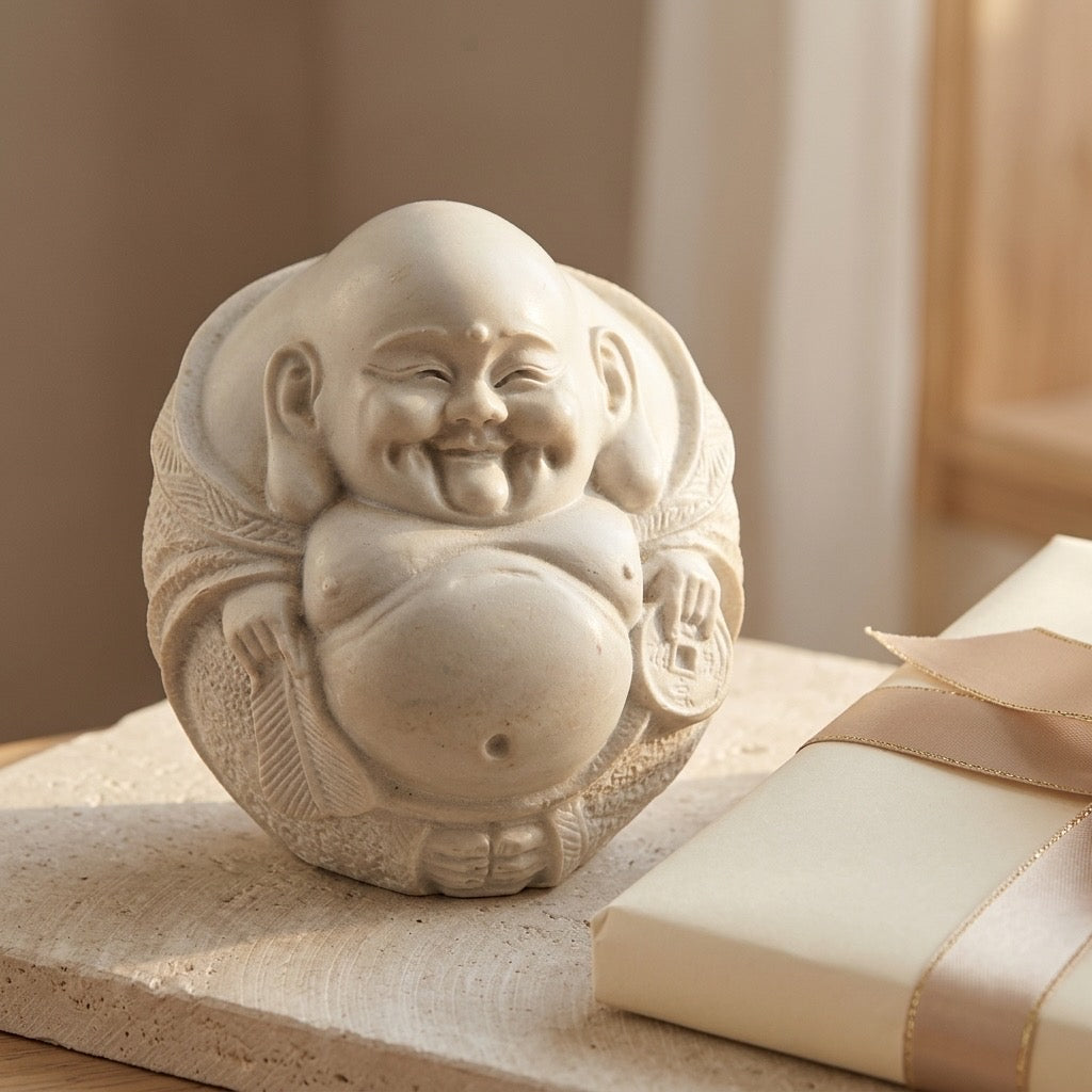 Laughing Buddha Statue with Coin — Feng Shui Prosperity Figurine — detail view
