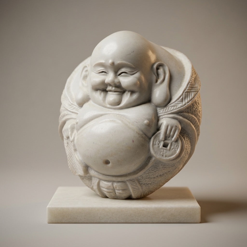 Laughing Buddha Statue with Coin — Feng Shui Prosperity Figurine — detail view
