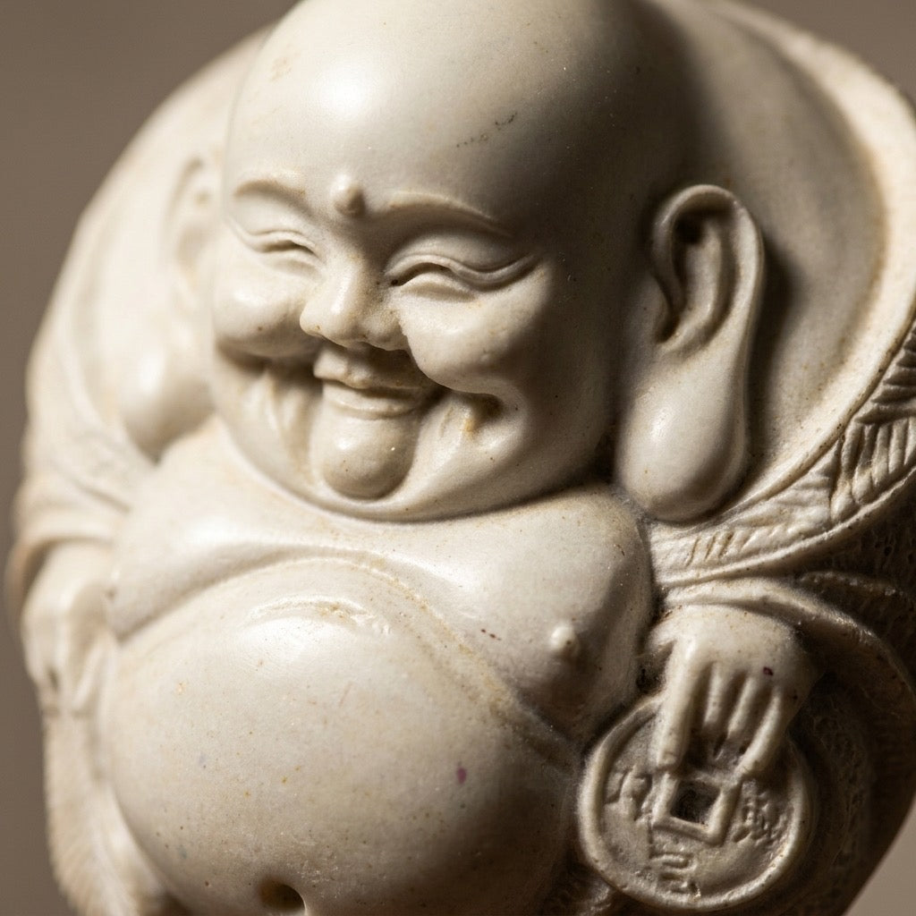 Laughing Buddha Statue with Coin — Feng Shui Prosperity Figurine — detail view