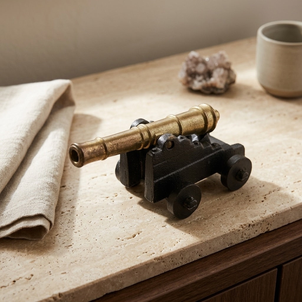 Vintage Miniature Brass & Cast Iron Naval Cannon — Desk Display Model — detail view