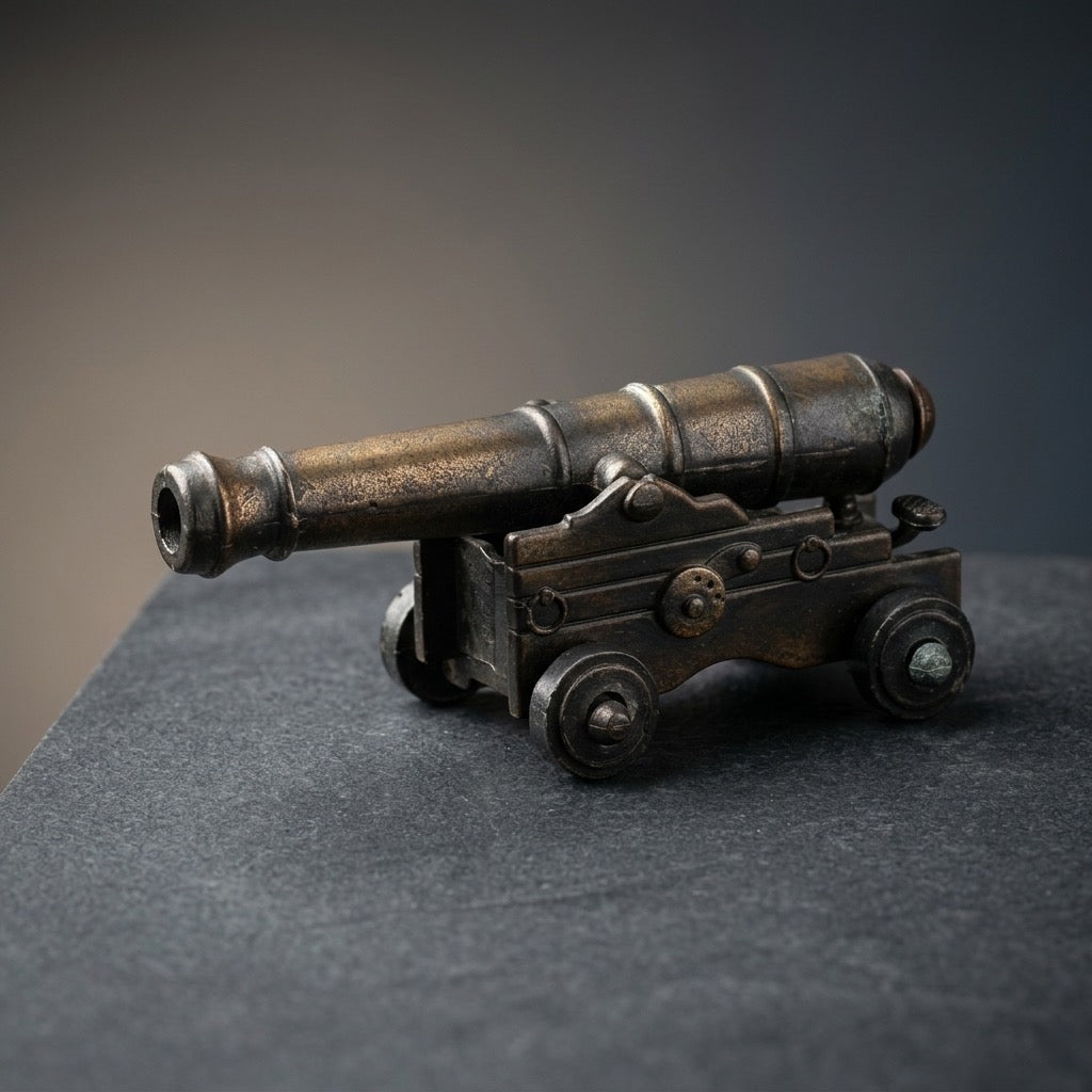 Vintage Die-Cast Miniature Cannon Pencil Sharpener — Novelty Desk Collectible — detail view