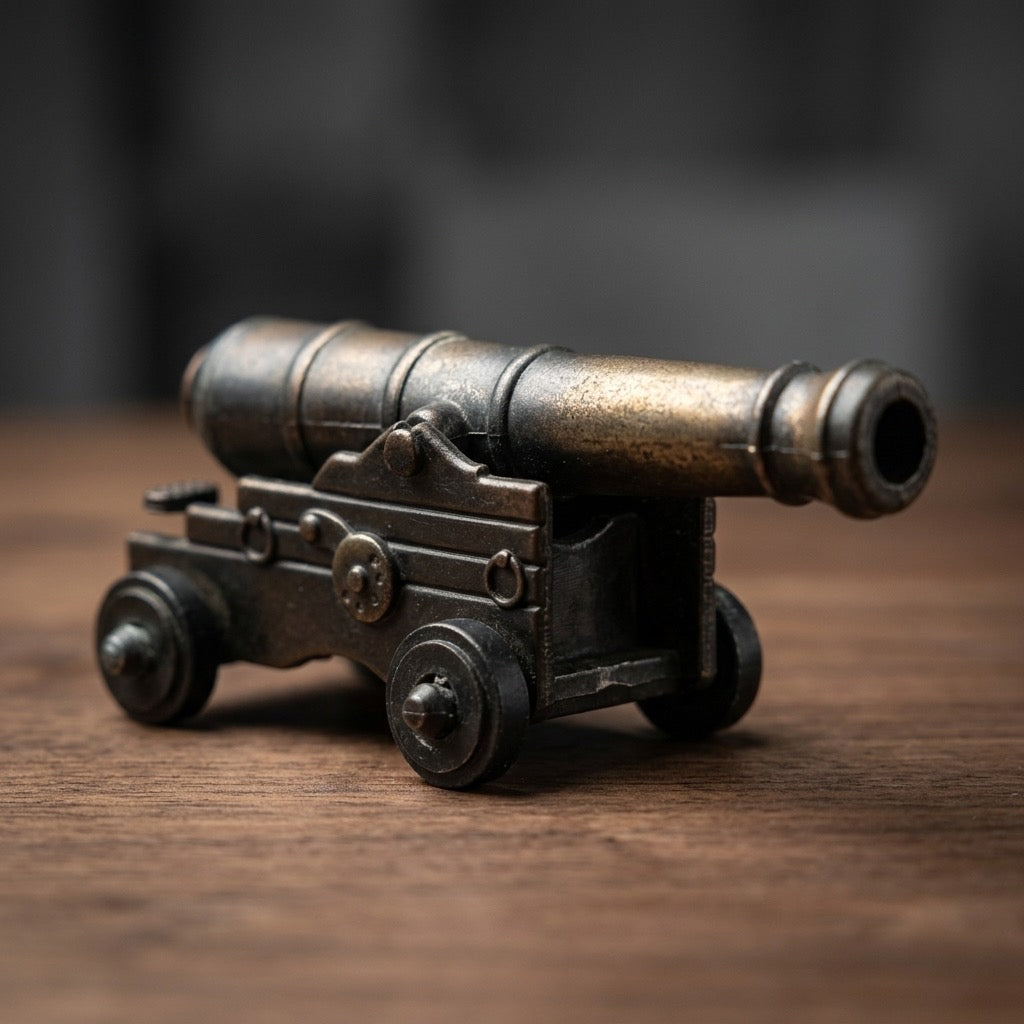 Vintage Die-Cast Miniature Cannon Pencil Sharpener — Novelty Desk Collectible — detail view