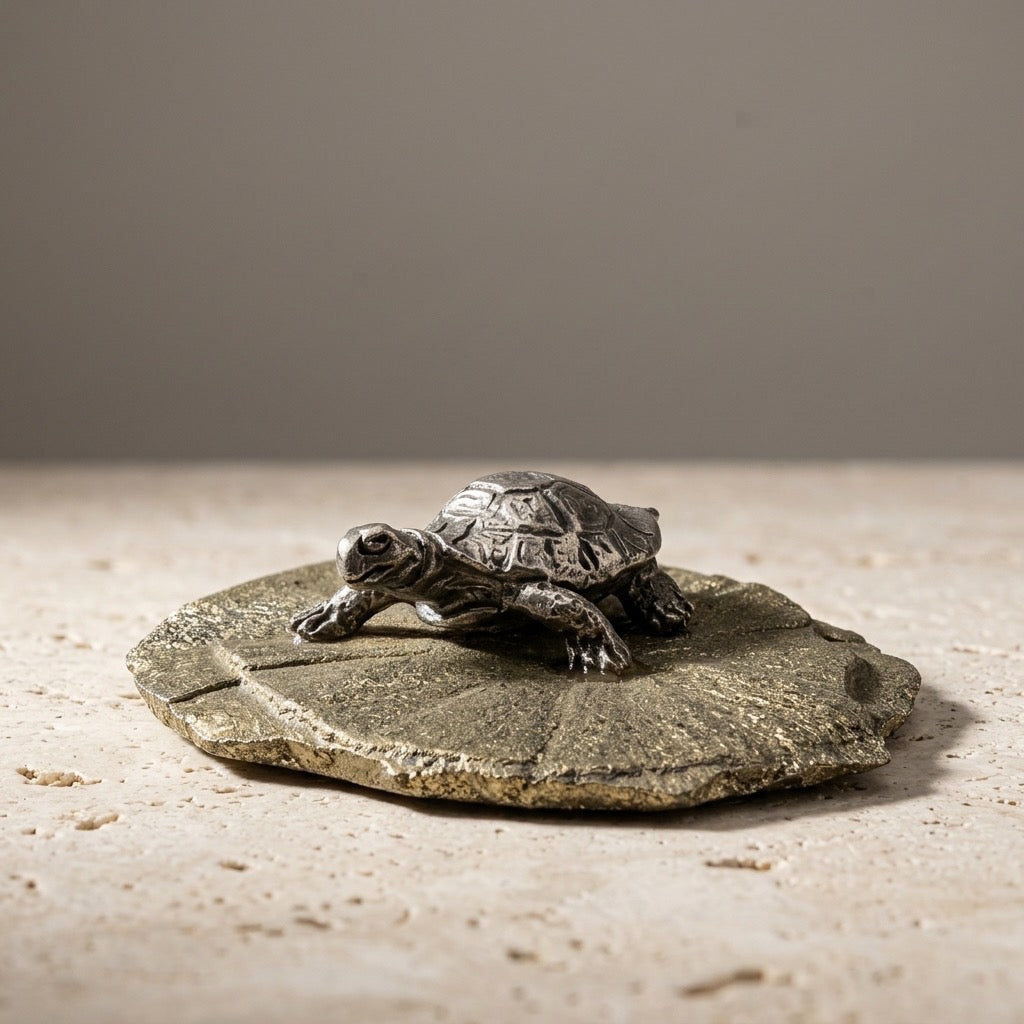 Pewter Turtle on Pyrite Sun Figurine — Mineral & Metal Collectible — detail view