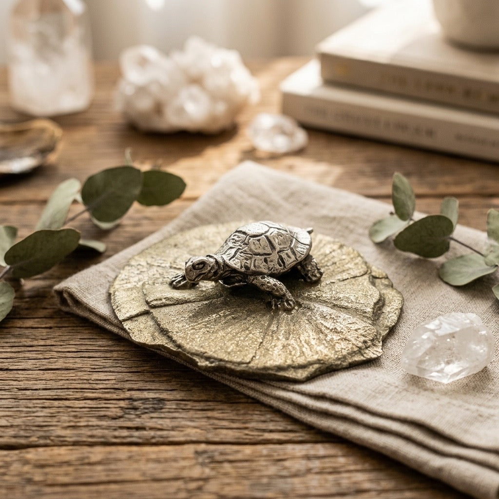 Pewter Turtle on Pyrite Sun Figurine — Mineral & Metal Collectible — detail view