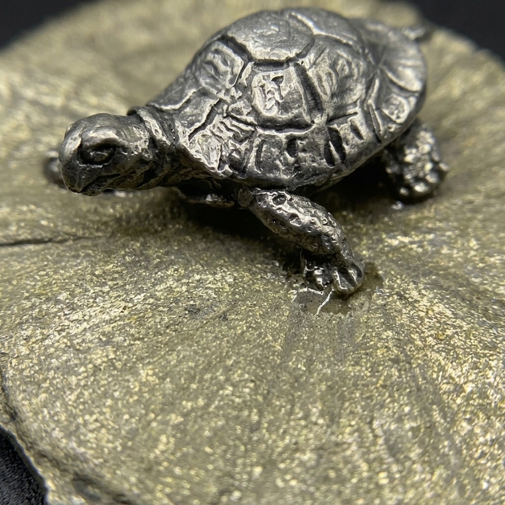 Pewter Turtle on Pyrite Sun Figurine — Mineral & Metal Collectible — detail view