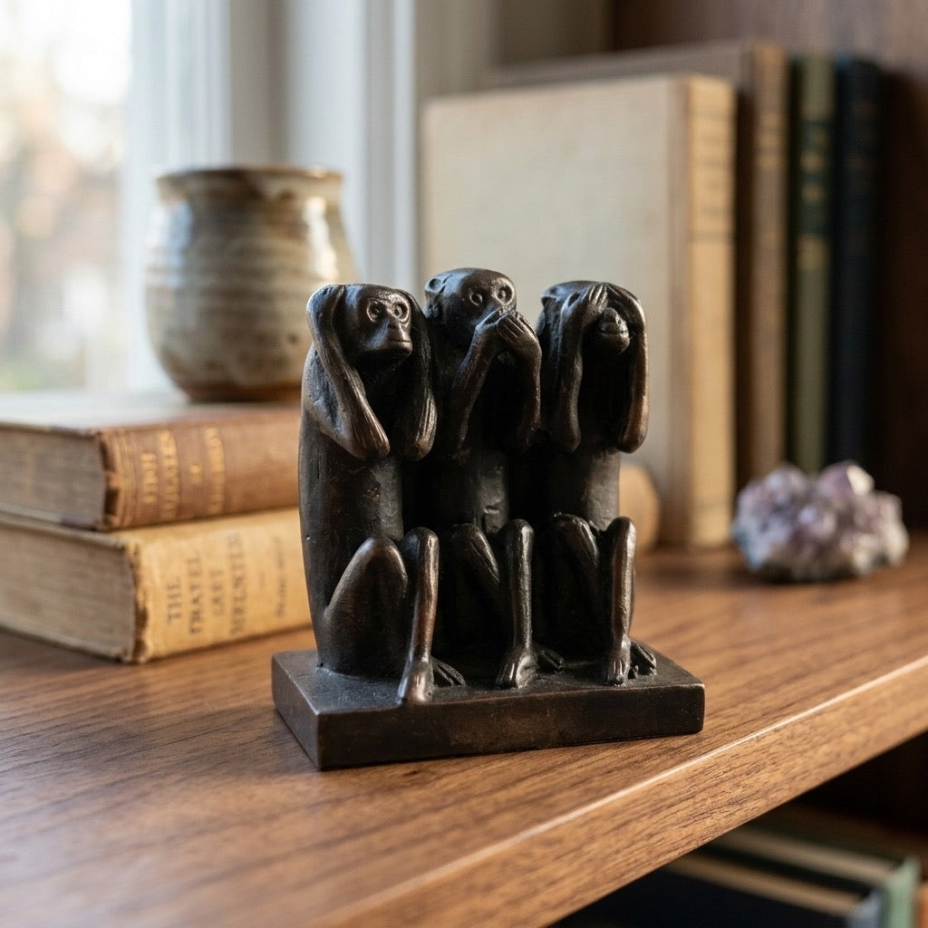Three Wise Monkeys Bronze-Style Figurine — Symbolic Desk Collectible — detail view