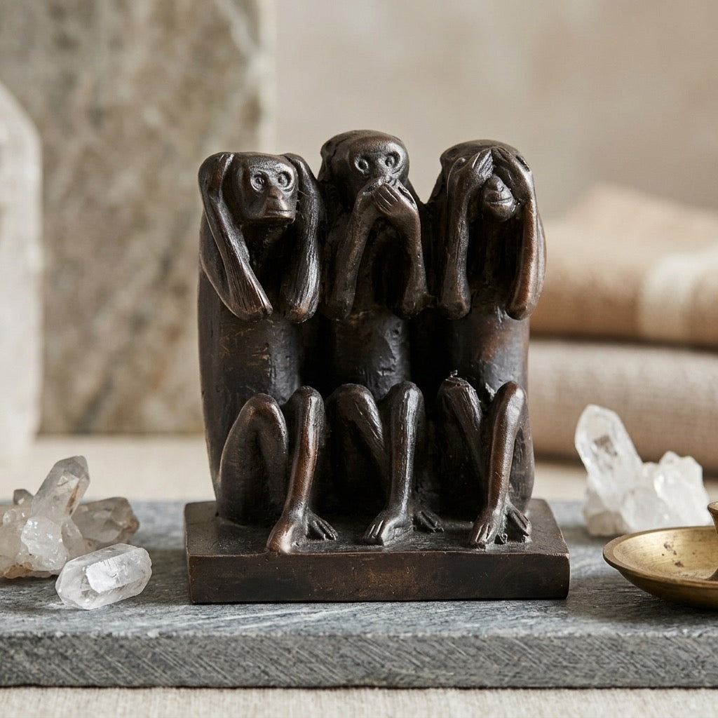 Three Wise Monkeys Bronze-Style Figurine — Symbolic Desk Collectible — detail view