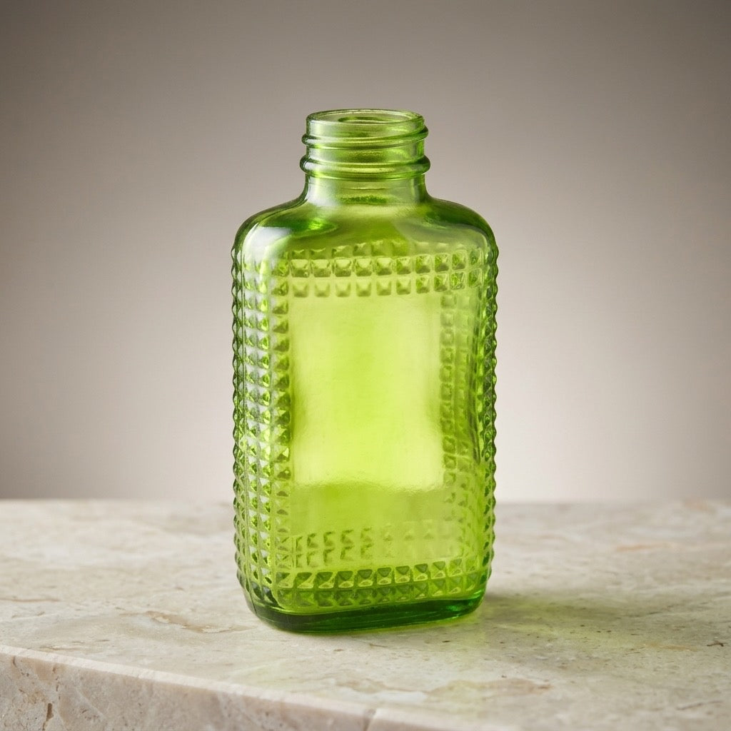 Vintage Green Glass Diamond Pattern Bottle — Decorative Glassware — detail view