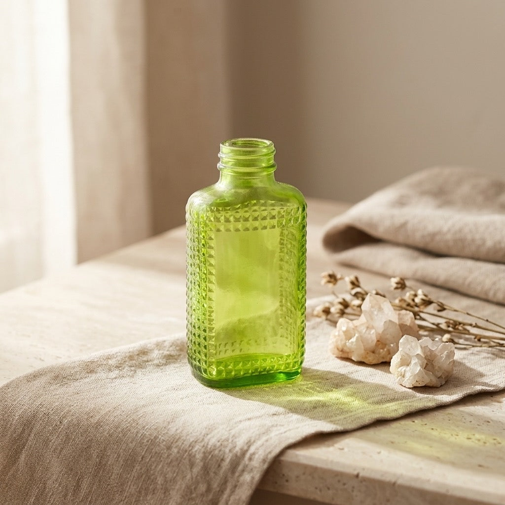 Vintage Green Glass Diamond Pattern Bottle — Decorative Glassware — main view