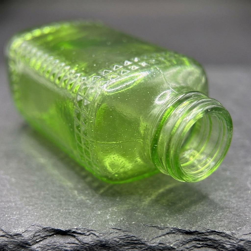 Vintage Green Glass Diamond Pattern Bottle — Decorative Glassware — detail view