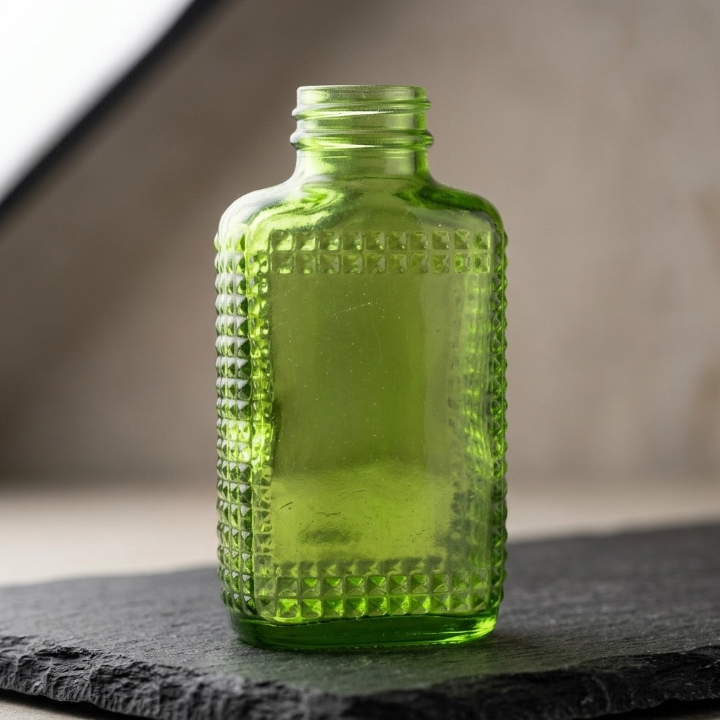 Vintage Green Glass Diamond Pattern Bottle — Decorative Glassware — detail view