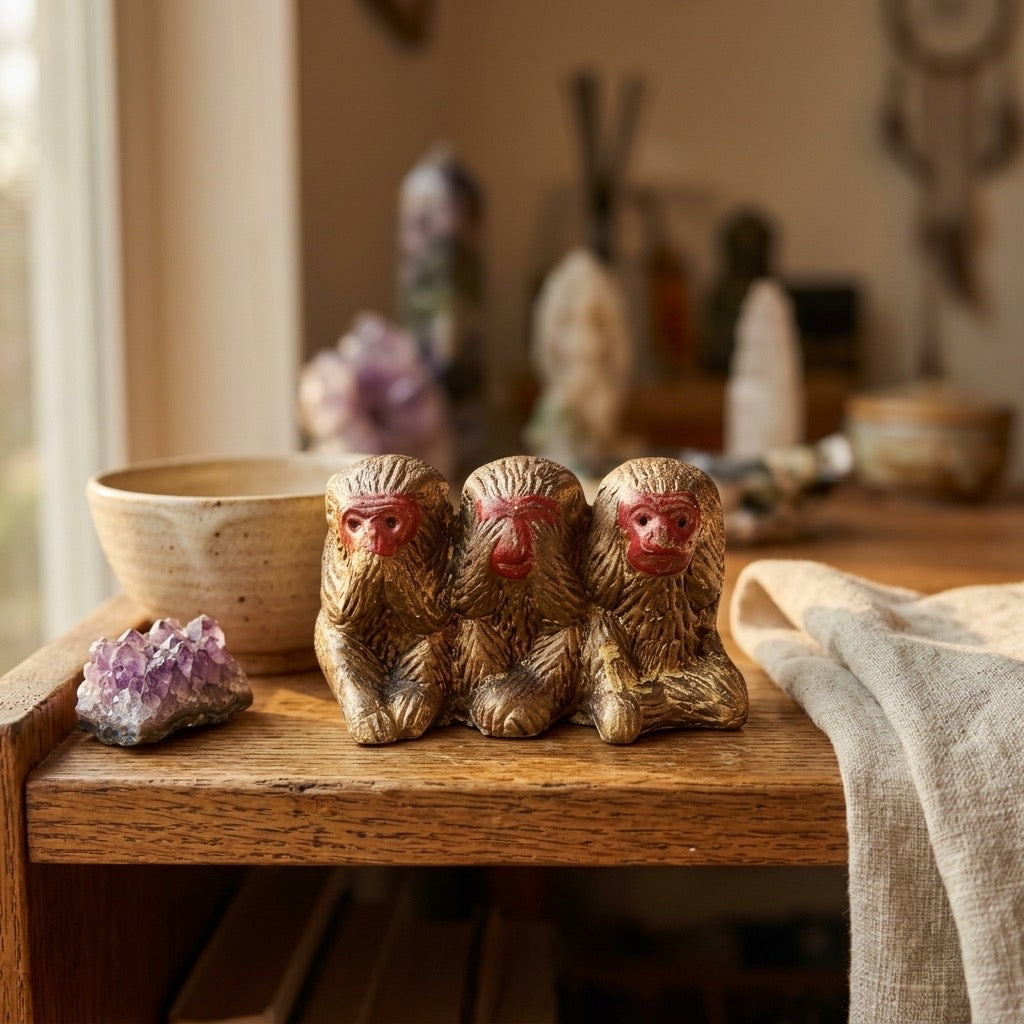 Three Wise Monkeys Figurine — See No Evil, Hear No Evil, Speak No Evil — detail view