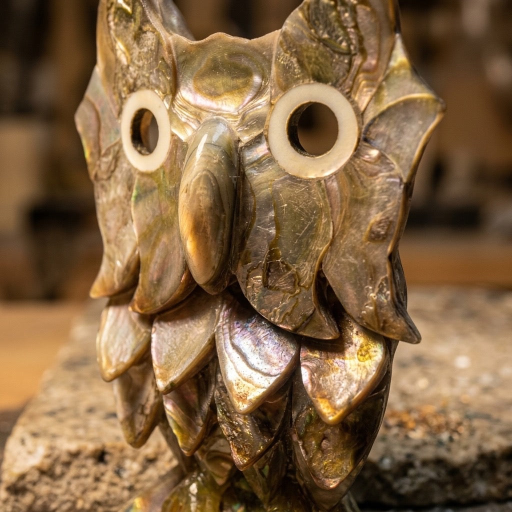 Vintage Abalone Shell Owl Figurine — Iridescent Coastal Collectible — detail view