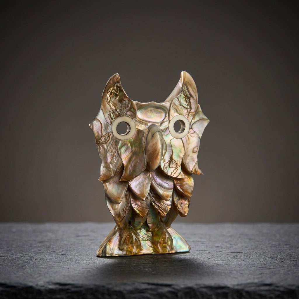 Vintage Abalone Shell Owl Figurine — Iridescent Coastal Collectible — main view