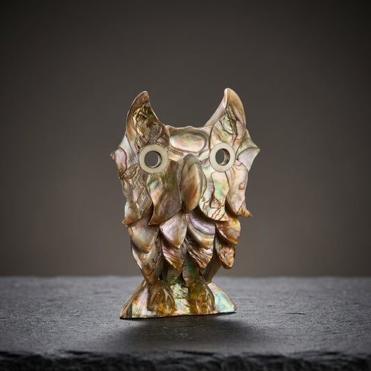 Vintage Abalone Shell Owl Figurine — Iridescent Coastal Collectible — main view