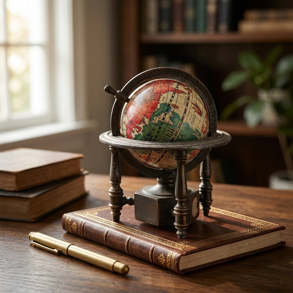 Vintage Play Me Die-Cast World Globe Pencil Sharpener — Novelty Desk Collectible — detail view