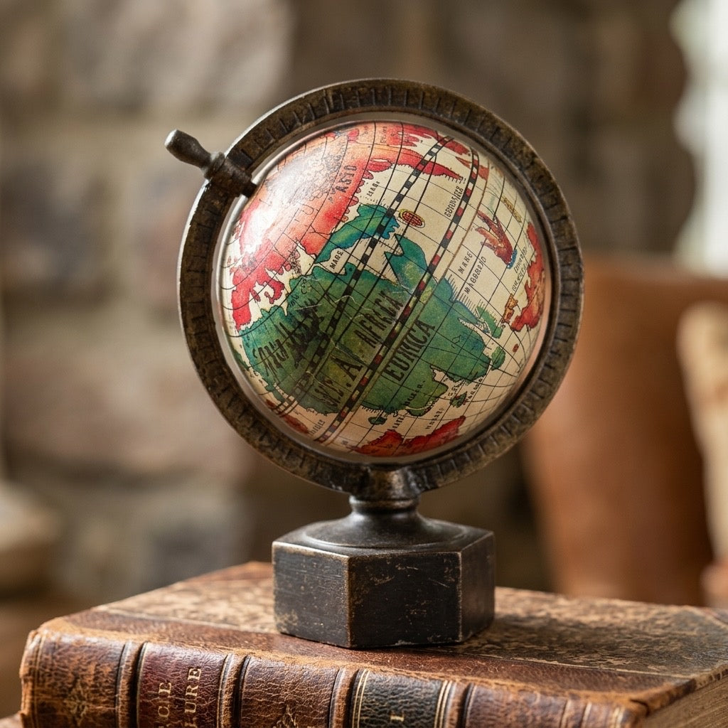 Vintage Play Me Die-Cast World Globe Pencil Sharpener — Novelty Desk Collectible — detail view