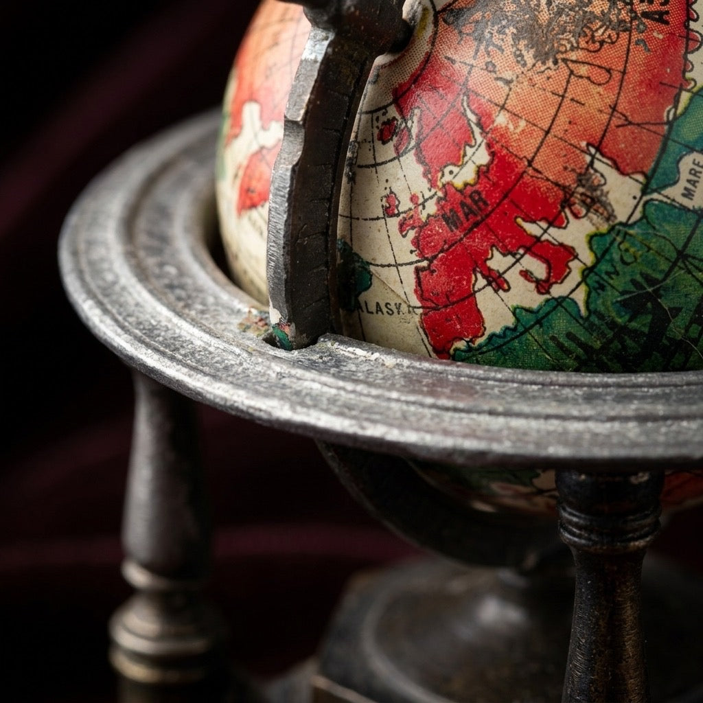 Vintage Play Me Die-Cast World Globe Pencil Sharpener — Novelty Desk Collectible — detail view