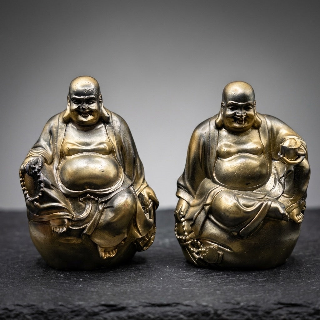 Laughing Buddha Statues Set of 2 — Feng Shui Prosperity Figurines — detail view