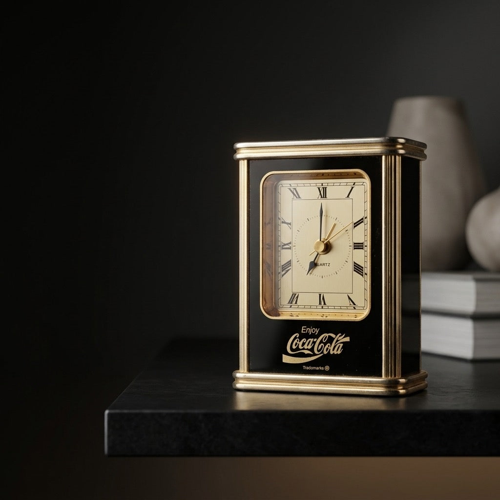Vintage Ridgeway Coca-Cola Gold Carriage Clock — Made in Germany — detail view