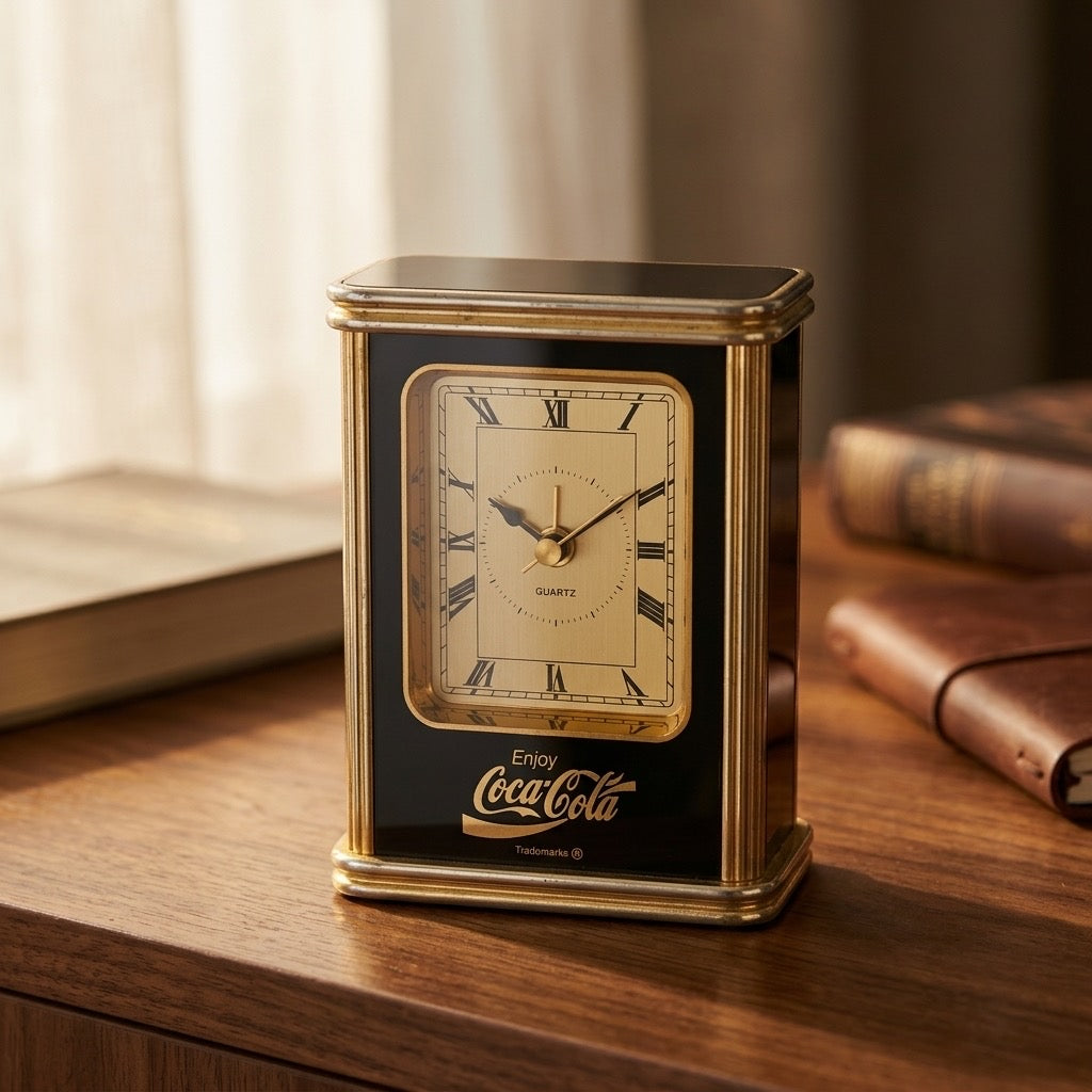 Vintage Ridgeway Coca-Cola Gold Carriage Clock — Made in Germany — detail view