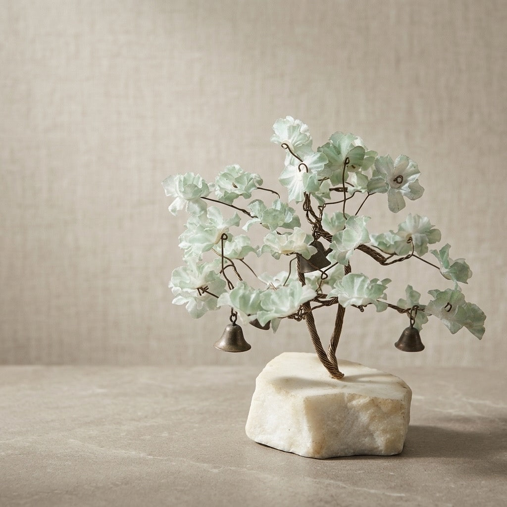Vintage Brass Wire Flower Tree with Bells on Stone Base — Handcrafted Altar Decor — detail view