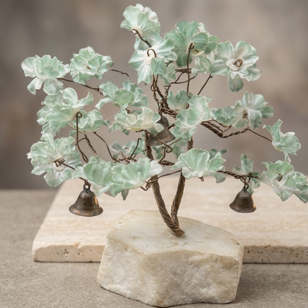 Vintage Brass Wire Flower Tree with Bells on Stone Base — Handcrafted Altar Decor — main view