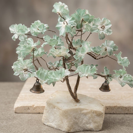 Vintage Brass Wire Flower Tree with Bells on Stone Base — Handcrafted Altar Decor — main view