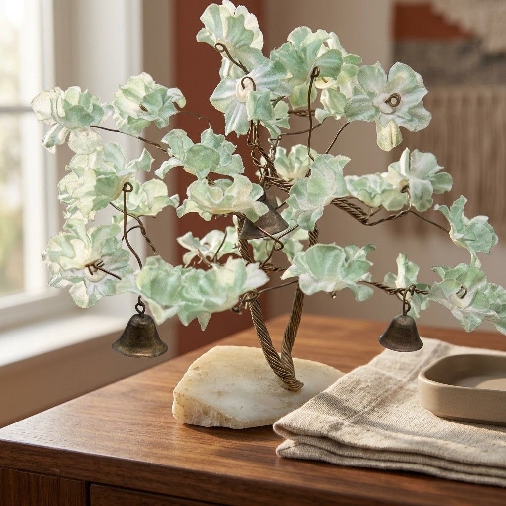 Vintage Brass Wire Flower Tree with Bells on Stone Base — Handcrafted Altar Decor — detail view