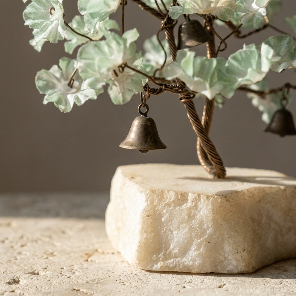 Vintage Brass Wire Flower Tree with Bells on Stone Base — Handcrafted Altar Decor — detail view