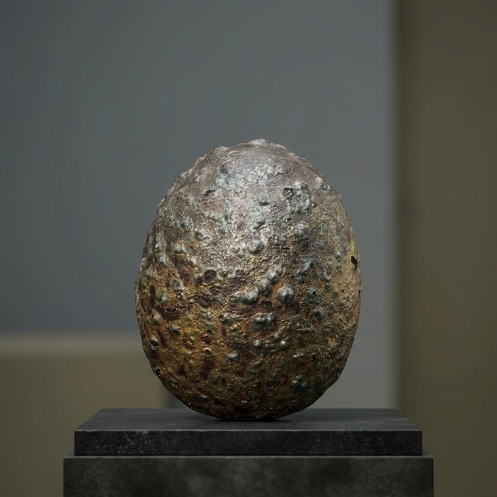 Vintage “The Lava Egg” Raku Fired Pottery Sculpture by Dan Skinner — Wailuku, Hawaii — detail view