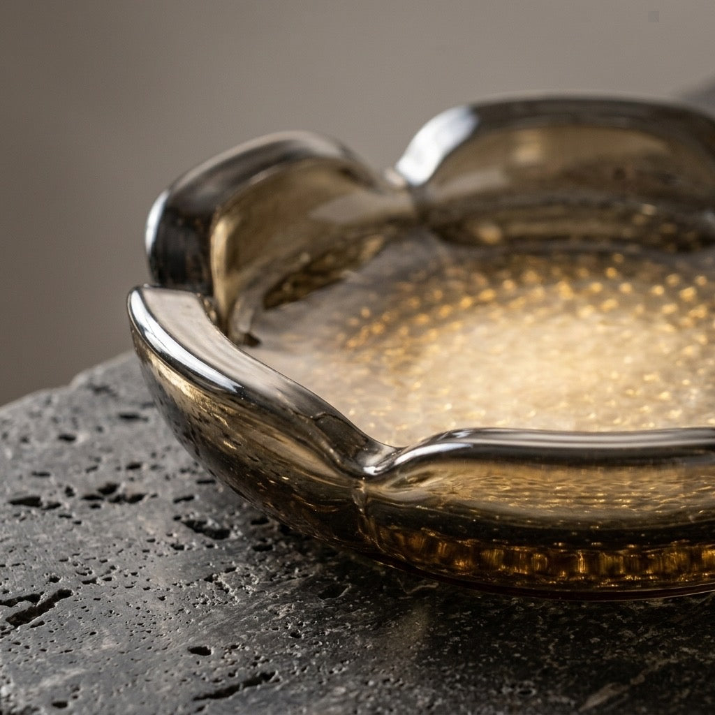 Vintage Amber Scalloped Glass Ashtray — Mid-Century Glassware — detail view