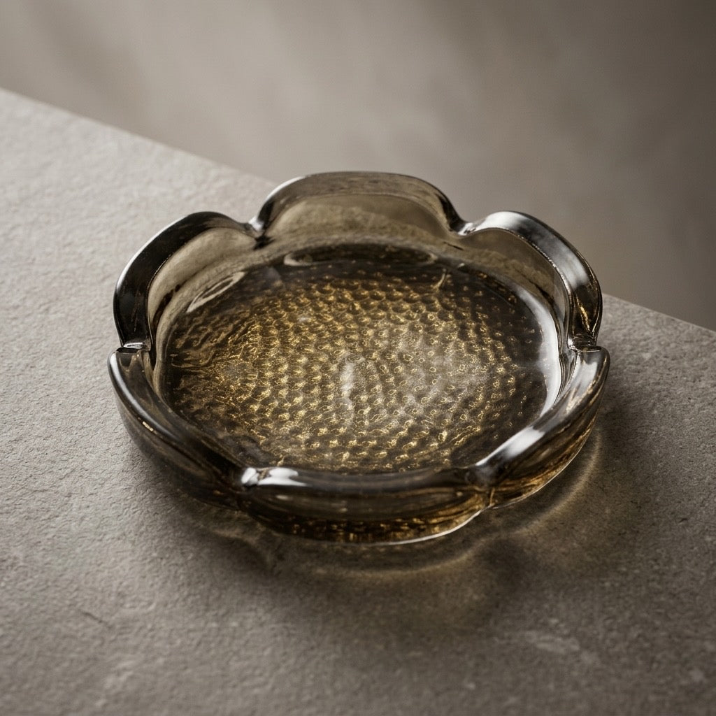 Vintage Amber Scalloped Glass Ashtray — Mid-Century Glassware — detail view
