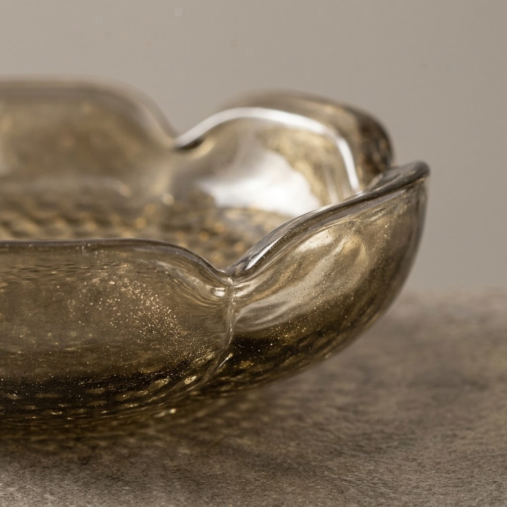 Vintage Amber Scalloped Glass Ashtray — Mid-Century Glassware — detail view