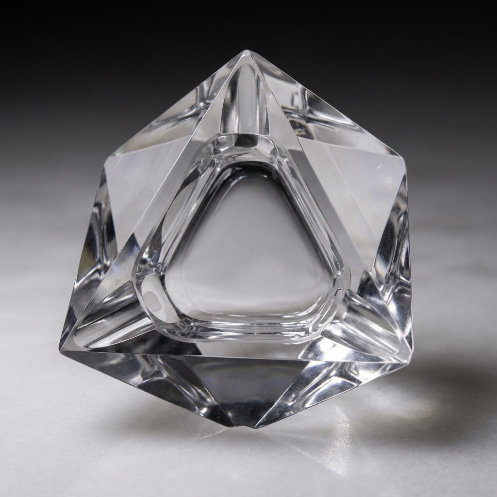 Vintage Faceted Crystal Triangle Ashtray — Mid-Century Cut Glass — detail view