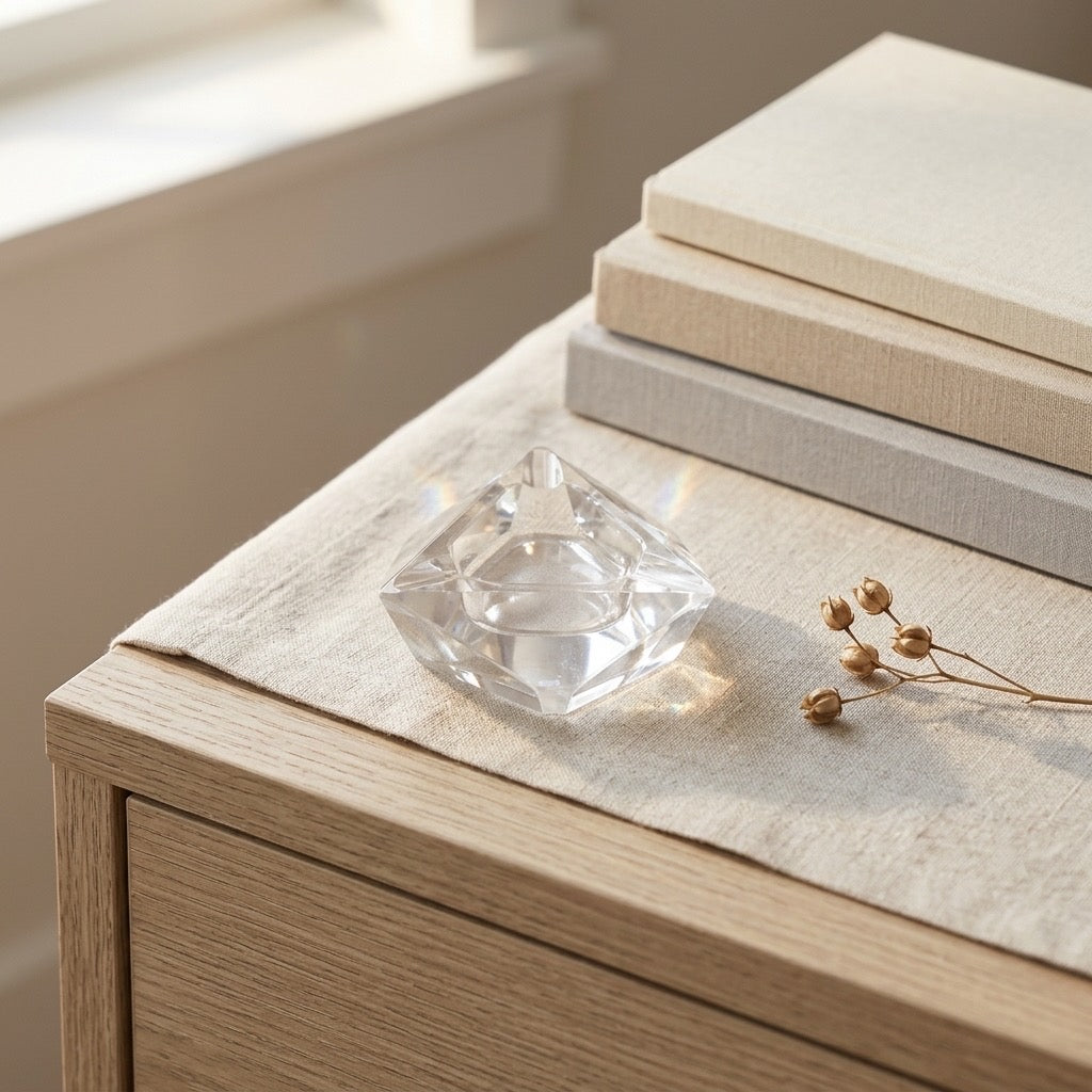 Vintage Faceted Crystal Triangle Ashtray — Mid-Century Cut Glass — detail view
