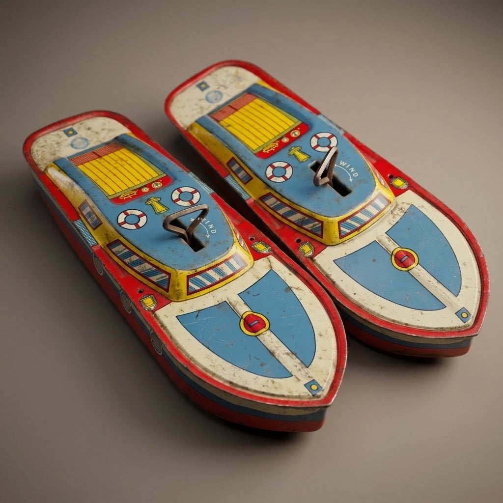 Vintage Ohio Art Tin Wind-Up Cabin Cruiser Boat Toy — 1960s Nautical — main view