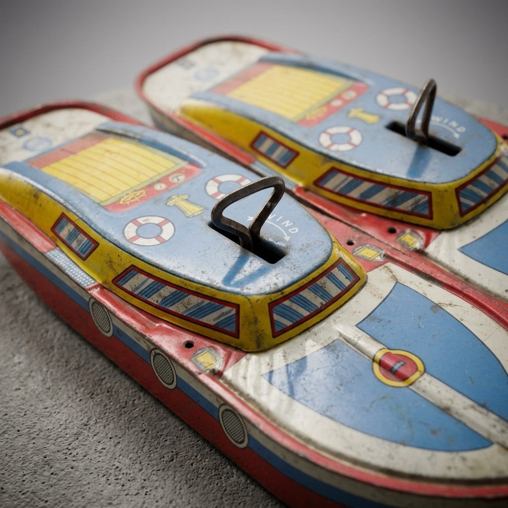Vintage Ohio Art Tin Wind-Up Cabin Cruiser Boat Toy — 1960s Nautical — detail view